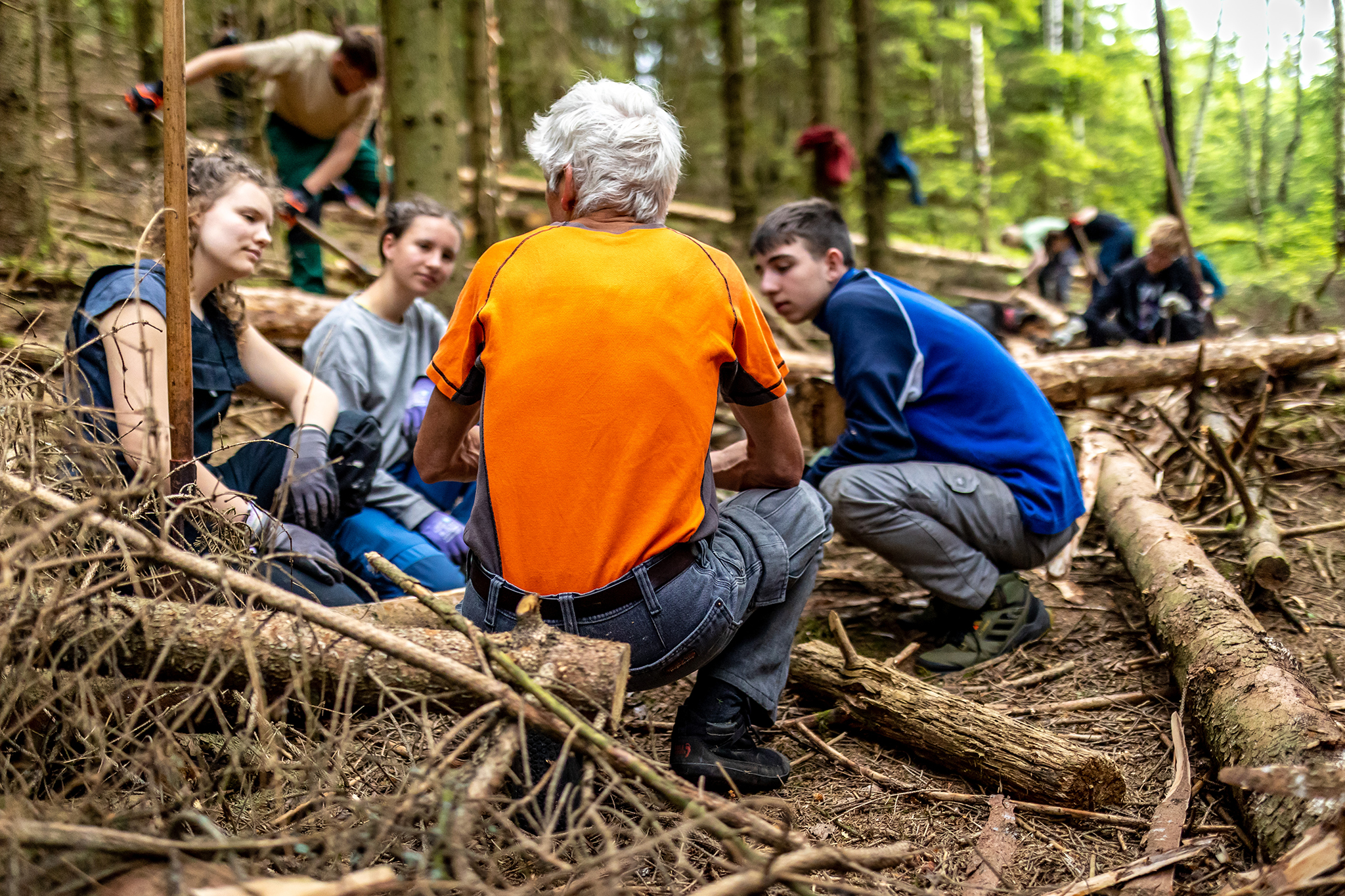 Erklärungen von Projektleiter an Jugendliche zur Borkenkäferbekämpfung