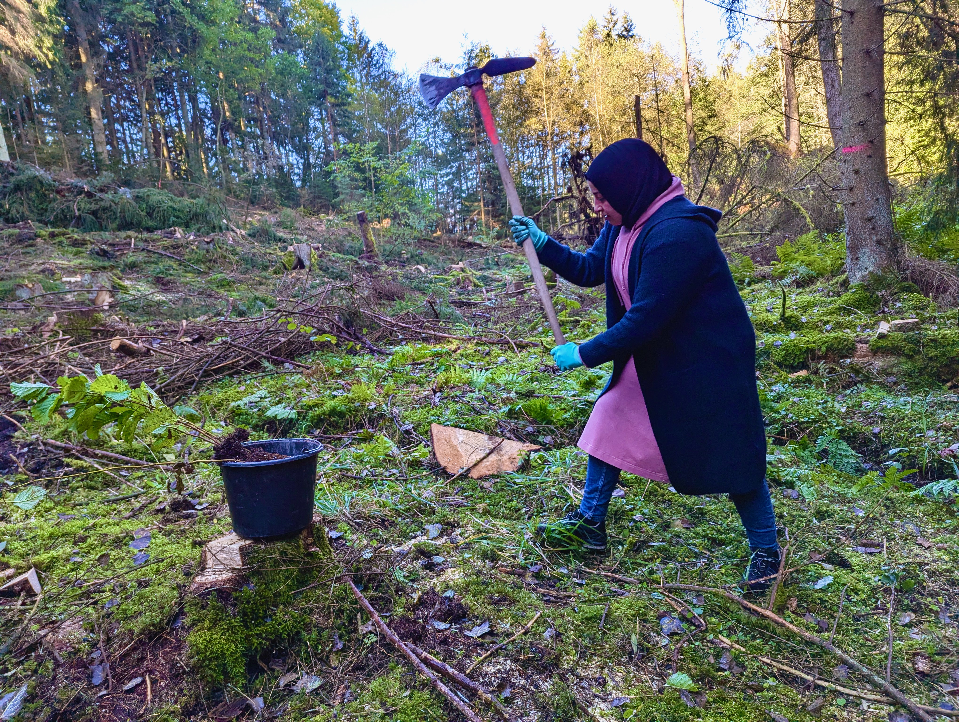 Muslima schwingt die Pflanzhacke