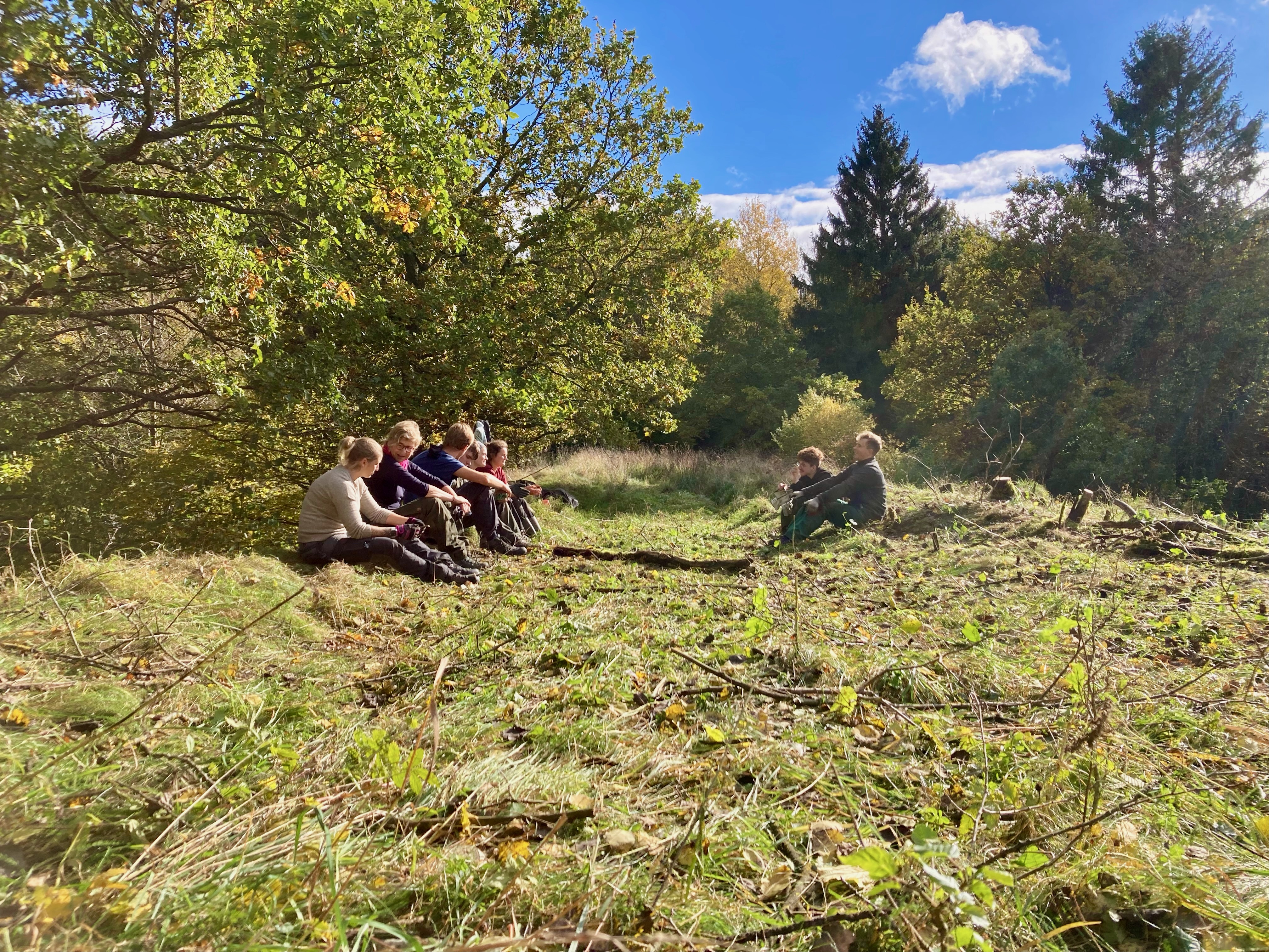 Große Pause in der Waldschule Menschen sitzten auf einer Waldlichtung