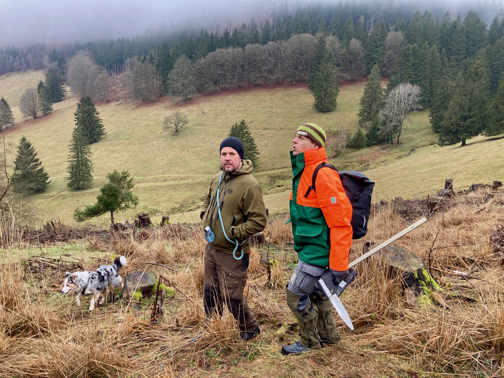 Wo ist der Wald im Wald? Zwei Männer stehen auf einer Kahlfläche mit Kluppe und Spiegelrelaskop