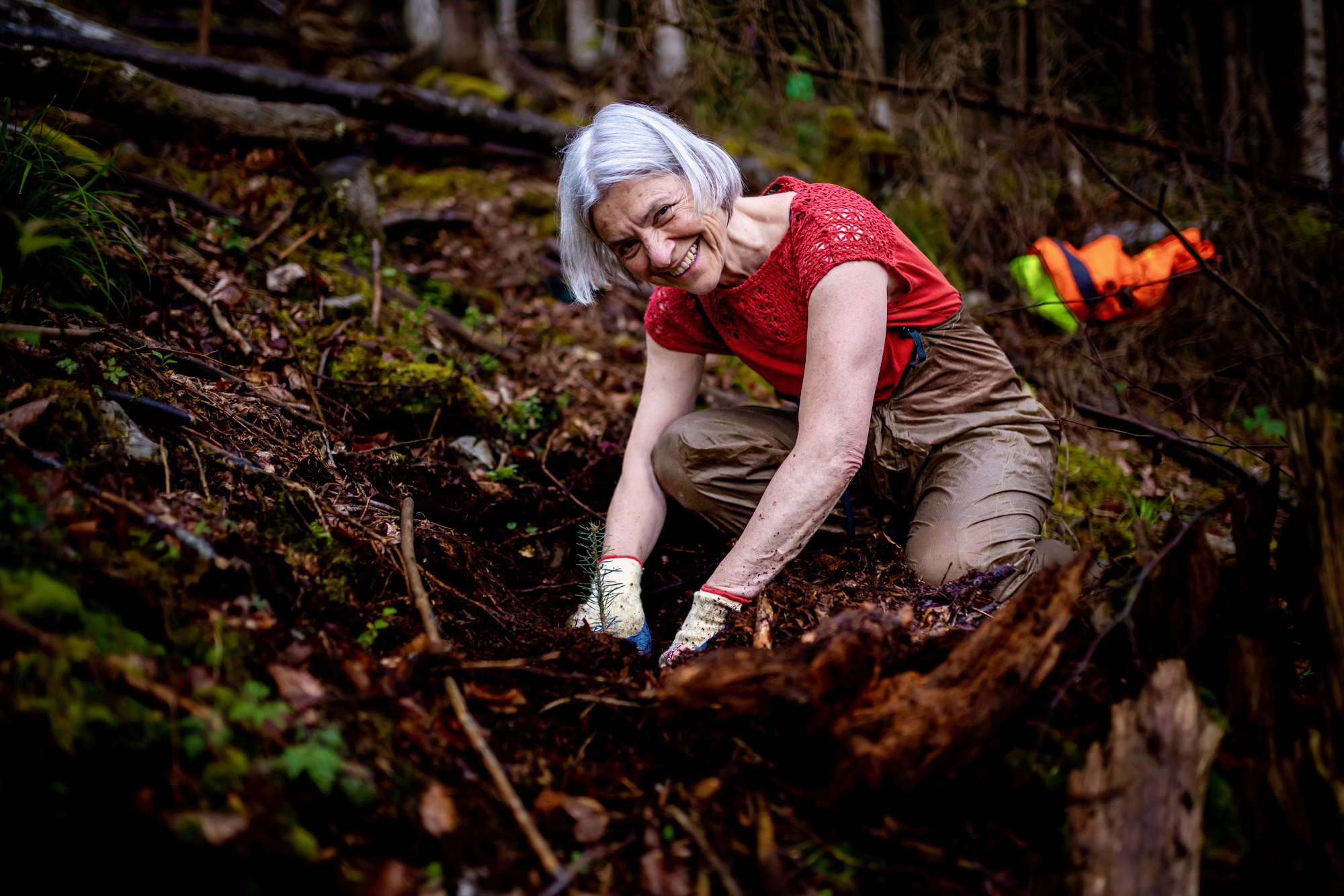 Ältere Frau pflanzt knieend einen kleinen Baum