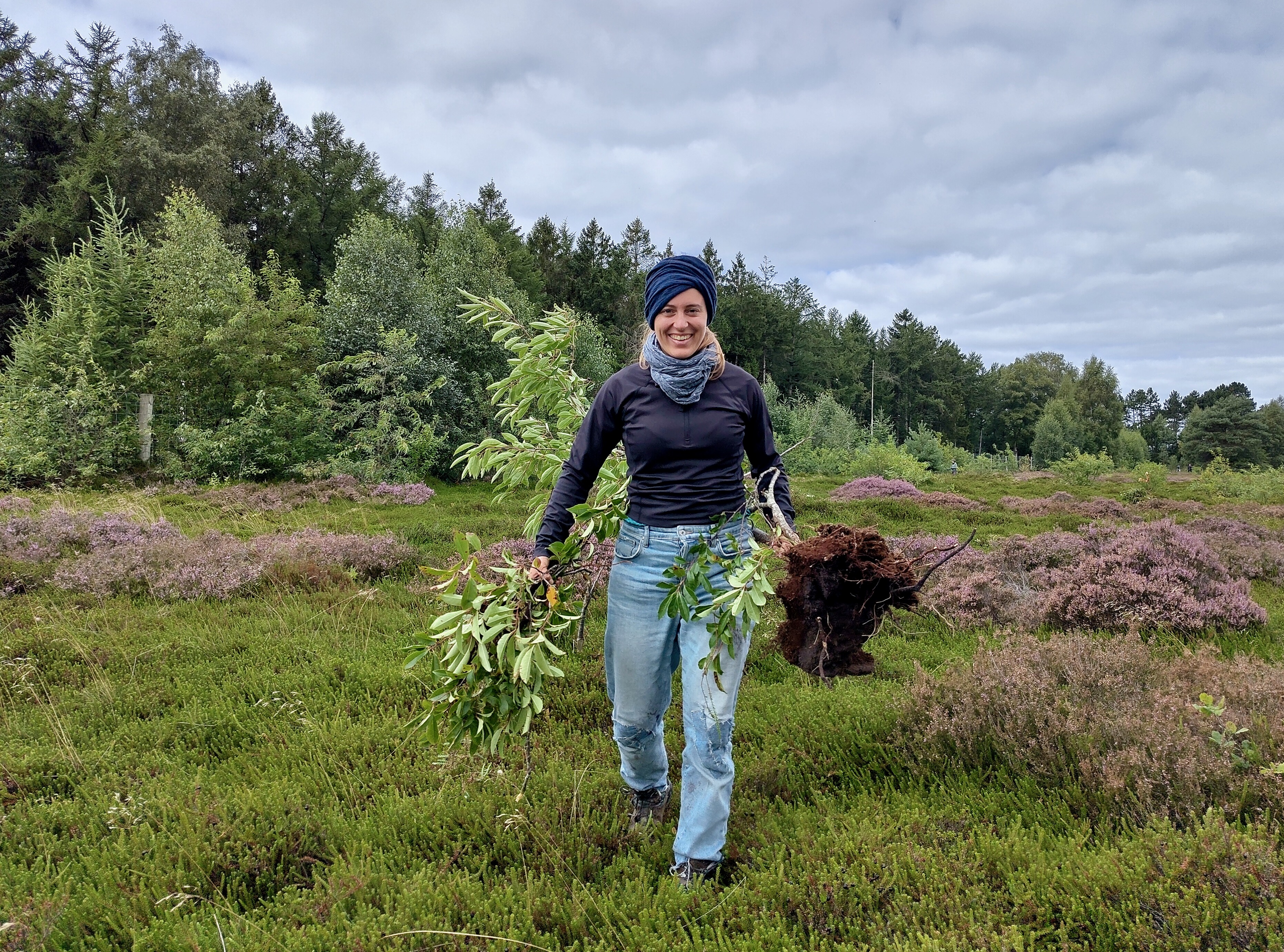 Eine Frau mit einem Turban trägt zwei Bäume mit Wurzelballen über eine Freifläche