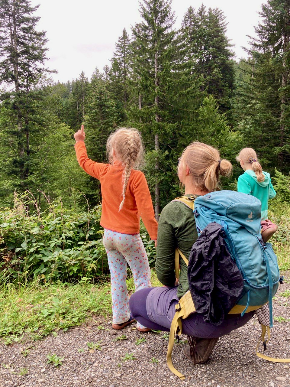 Schau. Das ist keine Tanne. Zwei Kinder stehen mit dem Rücken zum Betrachter, eine Frau kniet zwischen ihnen. Sie schauen in den Bergwald.