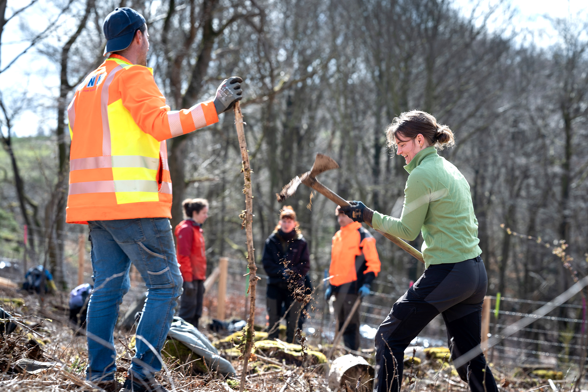 Pflanzung_Unternehmensengagement_Hemer_Bergwaldprojekt Fünf Teilnehmende bei der Pflanzung in Hemer