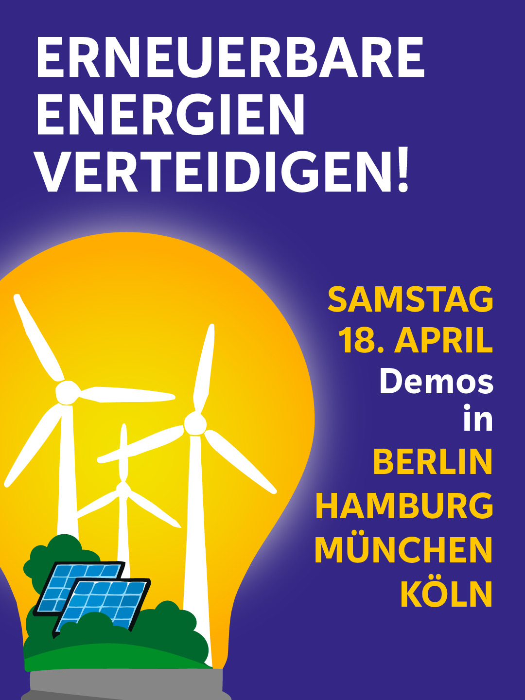 Demonstration für einer erneuerbare Energiezukunft Plakat mit gemalten Windrädern und Solarpanelen