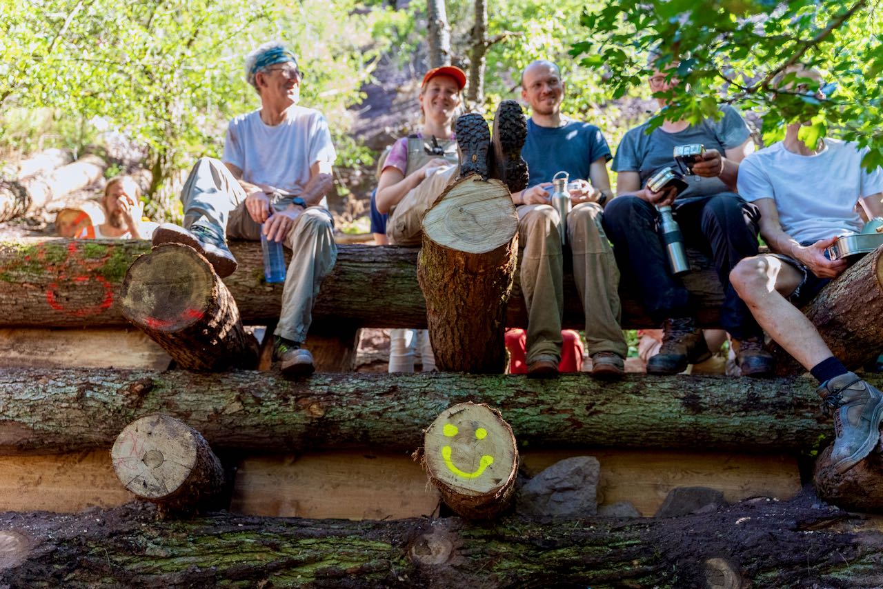 Menschen im Wald sitzen auf aufgestapelten Holzstämmen
