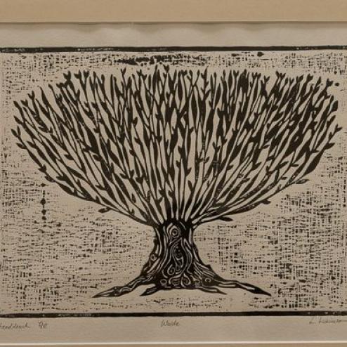 Ein Holzschnitt eines Weidenbaumes auf Büttenpapier.