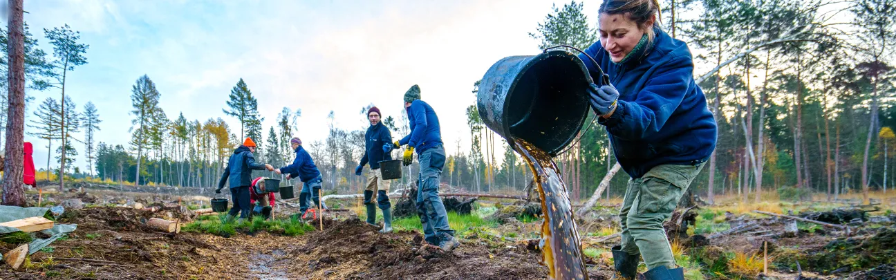 BWP_Biodiversitätskrise_Moor_HessischLichtenau Eine Teilnehmerin schüttet Wasser in einen Graben im Moor
