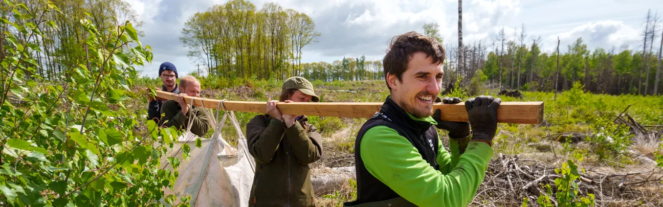 Vier Teilnehmende transportieren Schnittgut ab