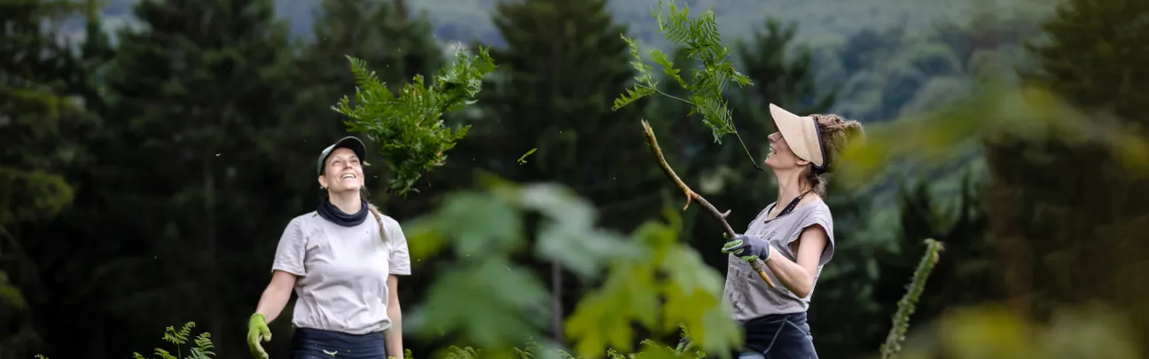 Zwei Teilnehmerinnen werfen Farn in die Luft