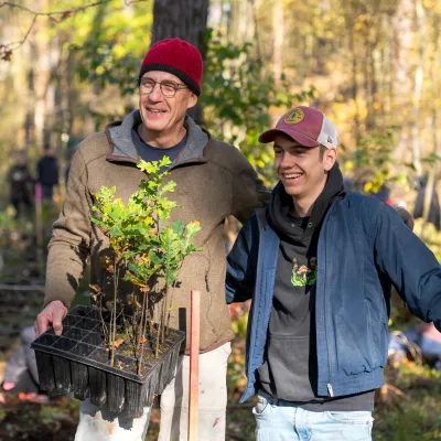 Zwei Männer mit einer Reihe von Jungpflanzen in der Hand
