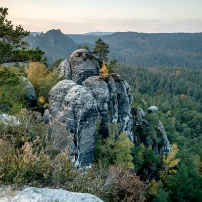 Stimmungsvoller Blick auf Felsen und Wald