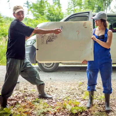 Zwei Teilnehmende erklären etwas mit einem Flip-Chart