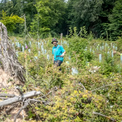 Weiter Blick auf die Arbeitsfläche mit einem lächelnden Teilnehmer
