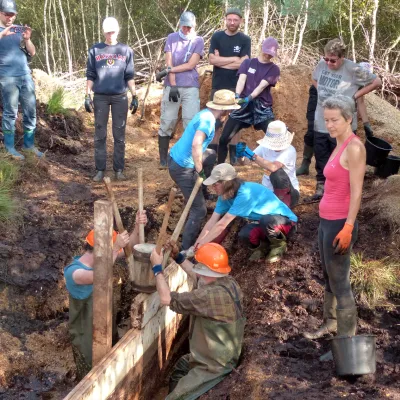 Teilnehmende mit der Rammkatze an der Spundwand