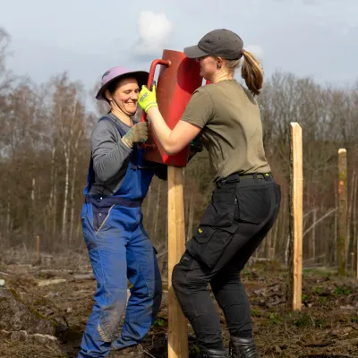 Zwei Frauen arbeiten mit einer Rammkatze