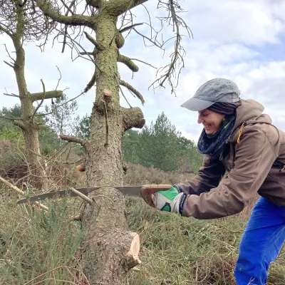 Lächelnde Teilnehmerin bei Baumentnahme