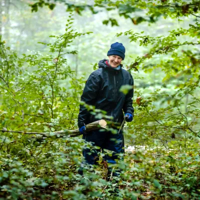 Lächelnde Frau die einen abgeschnittenen Ast abtransportiert