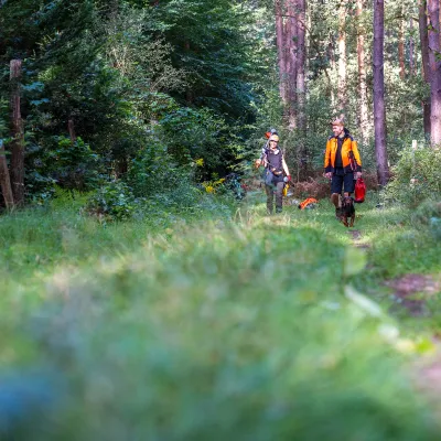 2 Menschen laufen bepackt mit Werkzeug durch den Wald