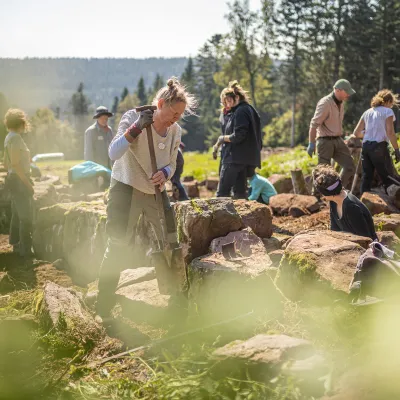 Gruppe beim Aufsetzen von Trockenmauer