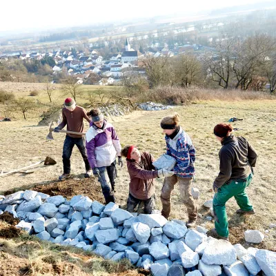 Teilnehmende beim Bau der Steinmauer