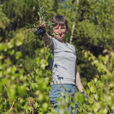 Teilnehmerin hält gejätete Lupine in die Kamera