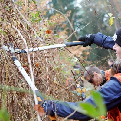 Teilnehmerin mit Schere beim Zaunabbau