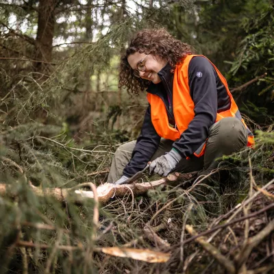 Teilnehmerin beim Schälen der Rinde