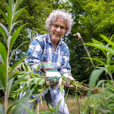 Lächelnde Teilnehmerin bei der Entnahme von Gehölzen