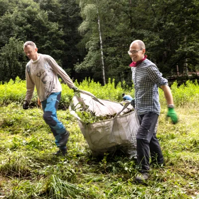 Teilnehmende beim Abtransport der entnommenen Pflanzen