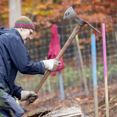 Teilnehmer in Aktion mit Wiedehopfhaue