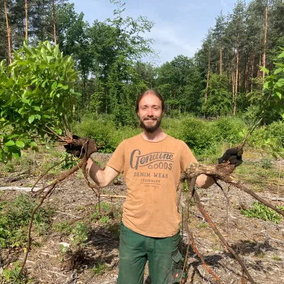 Freiwilliger mit ausgegrabenen Pflanzen