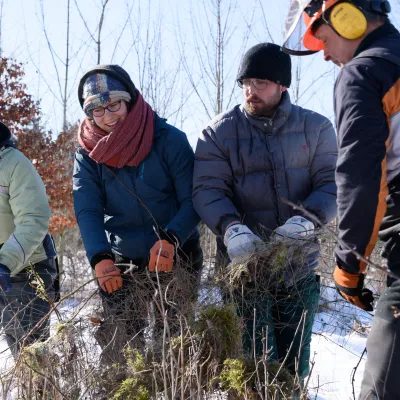 Mehrere Personen beim Zaunabbau im Winter