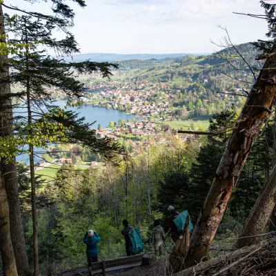 Blick aus Wald auf Ortschaft an See