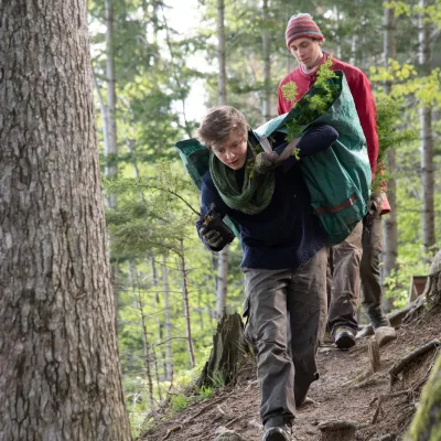 Person mit Pflanzsack auf Pfad im Wald
