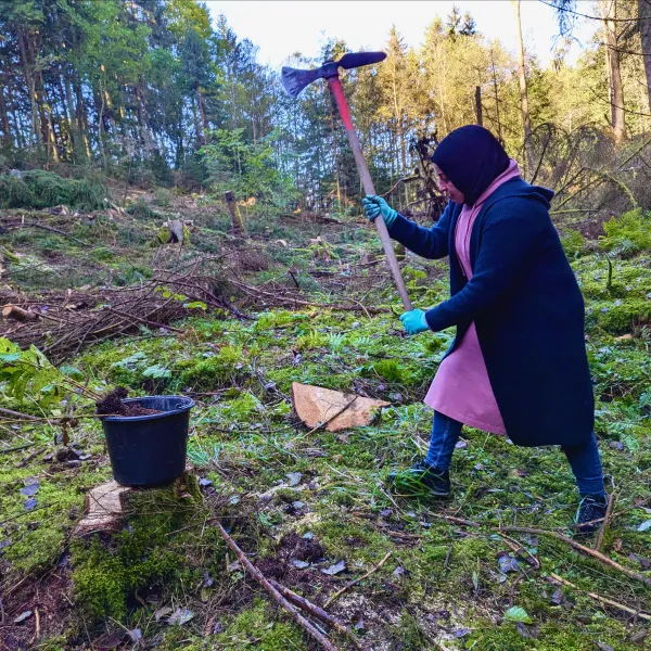 Muslima schwingt die Pflanzhacke