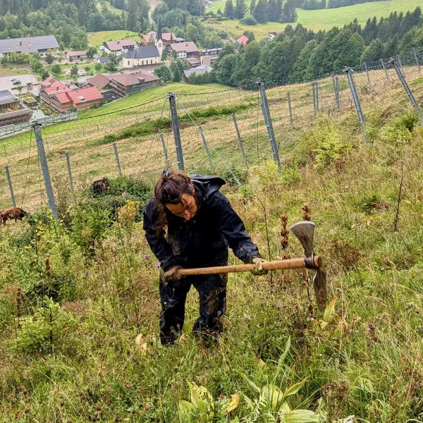 Frau steht auf einer Wiesen mit einem Werkzeug mit Stiel, hinter im Tal ist eine Siedlung