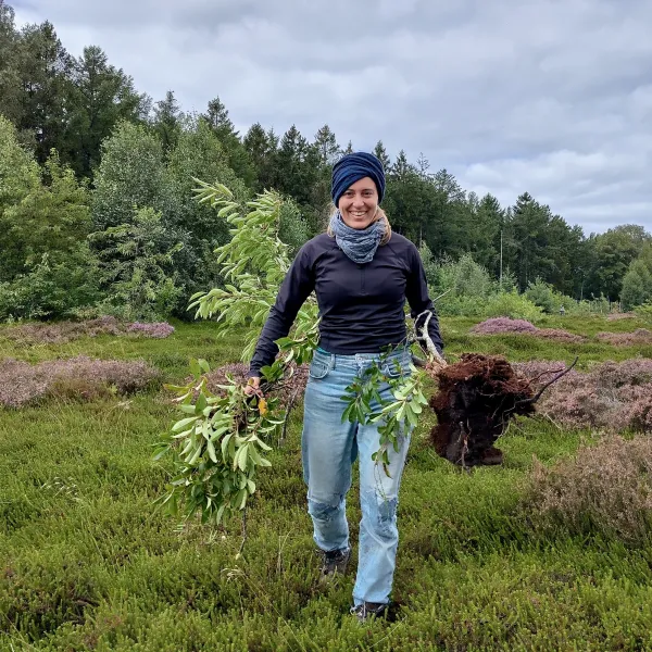 Eine Frau mit einem Turban trägt zwei Bäume mit Wurzelballen über eine Freifläche