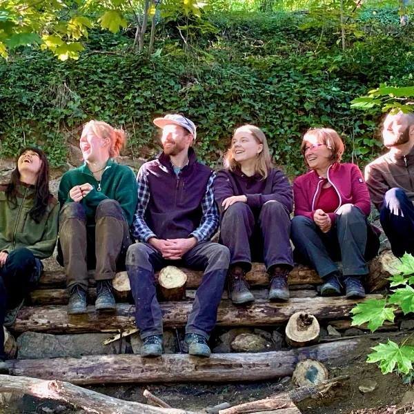 Sieben Menschen sitzen auf Holzstämmen im Grünen