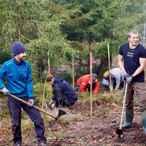 Zwei Menschen stehen mit Pflanzhacken im Wald, einer trägt T-Shirt, der andere ist winterlich angezogen