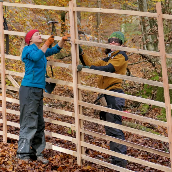 Zwei Menschen stehen inner- und außerhalb eines Holzgatters, einer hämmert