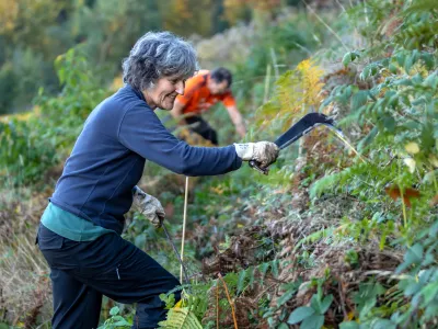Frau mit grauen Haaren mit Gertel bei Pflegearbeiten
